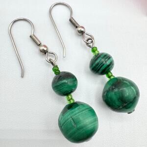 Green Malachite Gemstone Bead Earrings Dangle Lapidary Gem Earthy Forestcore